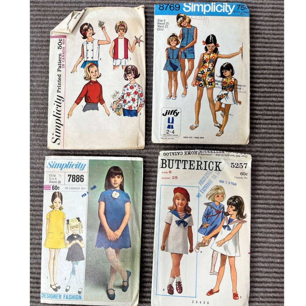 Vintage 60s 70s Girls Sewing Pattern Lot Size 6 Simplicity Butterick Mod Dress